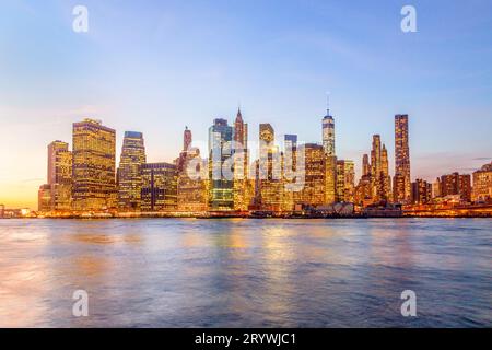 Manhattan waterfront at dawn, seen from Brooklyn side, New York City, USA. Stock Photo