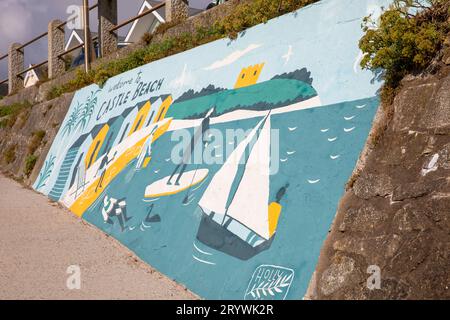 Castle Beach in Falmouth Cornwall England, welcome to Castle Beach painted on the rock wall, England,United Kingdom Stock Photo