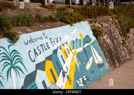 Castle Beach in Falmouth Cornwall England, welcome to Castle Beach painted on the rock wall, England,United Kingdom Stock Photo