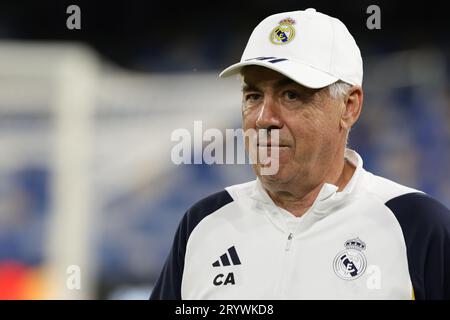 Real Madrid's italian coach Carlo Ancelotti looks during training ahead of the UEFA Champions League match against ssc napoli at the Diego Armando Maradona stadium on 02 October 2023, in Naples, Italy. Stock Photo