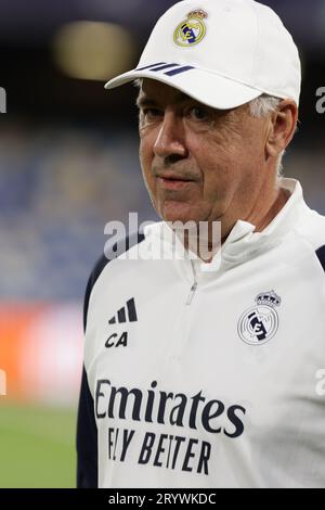 Real Madrid's italian coach Carlo Ancelotti looks during training ahead of the UEFA Champions League match against ssc napoli at the Diego Armando Maradona stadium on 02 October 2023, in Naples, Italy. Stock Photo