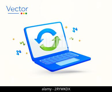 Laptop with loading or synchronization screen concept. 3d rendered laptop with recycle icon isolated on white background. Data synchronization software. 3d vector illustration. Vector illustration Stock Vector