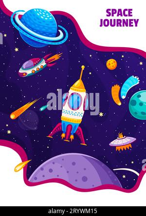 Space poster. Cartoon spaceships flying in starry galaxy space with planets, comets and stars. Vector rocket, shuttle, alien UFO and starship on dark sky background of galaxy universe, cosmic journey Stock Vector