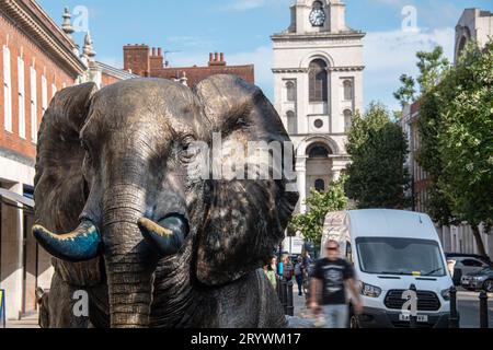Herd of Hope Elephant sculptures in Brushfield Street Spitalfields, London E1. Stock Photo