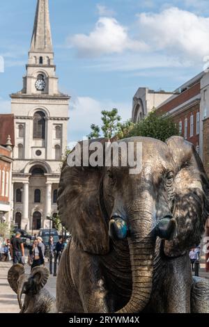 Herd of Hope Elephant sculptures in Brushfield Street Spitalfields, London E1. Stock Photo
