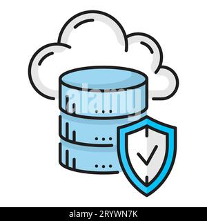 Color database, network server, cloud storage icon. Linear vector symbol of data management, information storage retrieval, digital system protection, depicts stacked cylindrical blocks and shield Stock Vector