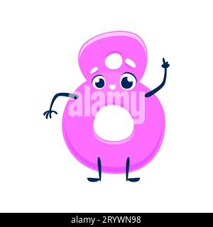 Cartoon cute funny eight number character, kids math education. Happy pink 8 digit vector personage pointing upward with happy smile and cute kawaii face. Mathematics, elementary arithmetic character Stock Vector