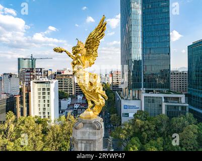 Aerial view on a blue day of the Angel of Independence on Paseo de la Reforma in Mexico City. Stock Photo