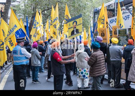 London, England, UK. 2 October 2023.  Protestors gather outside the Indian High Commision to protest against the killing of Hardeep Singh Nijjar in Canada. © Benjamin John Stock Photo
