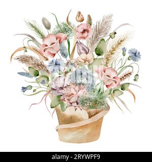 Watercolor illustration of an autumn bouquet of flowers, in warm dim colors on a white background, hand drawn Stock Photo