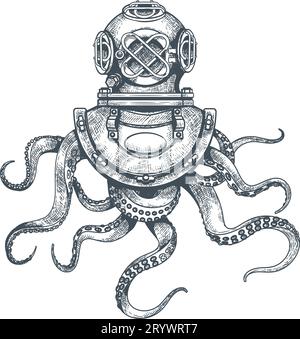 Octopus in diving helmet vintage sketch Stock Vector