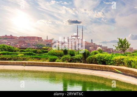 Wonderful Al-Azhar Park and view on the famous Citadel of Cairo, Egypt Stock Photo