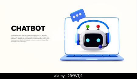 3d online chatbot banner template with robot wearing headset, laptop. AI chatbot service landing page concept. 3d rendered smart, helpful robot head, laptop isolated on background. 3d vector. Vector illustration Stock Vector