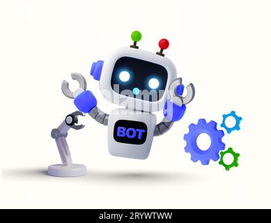 3d rendered waving robot icon, robotic hand, cogs, isolated on white background. Cartoon style, Helpful AI bot banner template. 3d vector illustration. Vector illustration Stock Vector