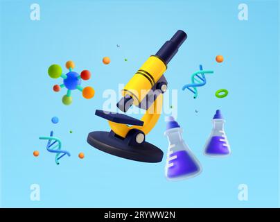 3d laboratory banner template with microscope, chemical liquid tube and glass, DNA icon. 3d rendered microscope icon isolated on background. 3d vector illustration for biology. Vector illustration Stock Vector