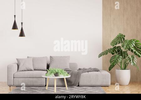 White Modern living room interior with stylish comfortable grey sofa Stock Photo