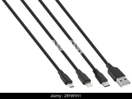 cable with USB connector, Type-C, Lightning on white background in insulation Stock Photo