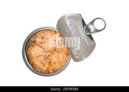 Top view of open tin can of preserved tuna fish in vegetable oil. Stock Photo