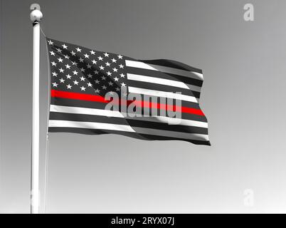 United States national flag with thin red line isolated waving on gray background Stock Photo