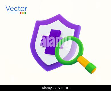 3d rendered purple shield with medic icon, green magnifying glass isolated on white background. Health care, hospita, anti-virus, security, analyzation symbol. 3d vector illustration. Vector illustration Stock Vector