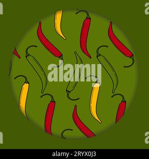 Seamless pattern of hot chili pepper on circle paper cut background. Traditional Mexican condiment. Latin American and Hispanic spice. Vector for poster, banner, greetings or cards, label or web. EPS Stock Vector
