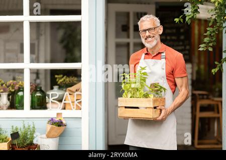 Mature Gardener Man Wearing Apron Holding Plants In Crates And Posing Outdoors Stock Photo