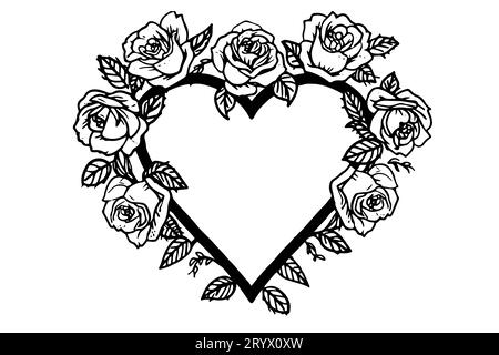 Roses heart frame. Vintage simple line art. Hand drawn ink sketch. Engraving vector illustration. Stock Vector