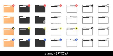 Computer folders in flat style. A large set of various folders in different designs. New message. Priority sign. A question mark Stock Vector