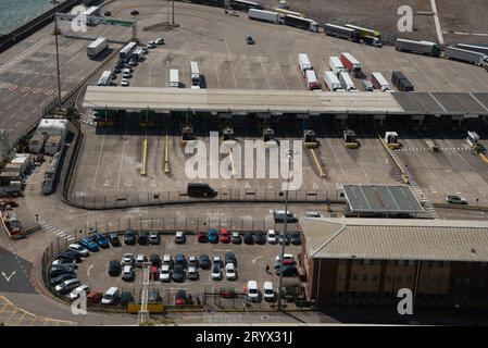 Trucks on port of Dover docks station. Dover harbour connects Europe with United Kingdom and handles passengers, vehicles and ca Stock Photo