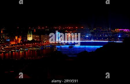 Night views of the Chain Bridge colored with blue lights in Budapest capital of Hungary Stock Photo