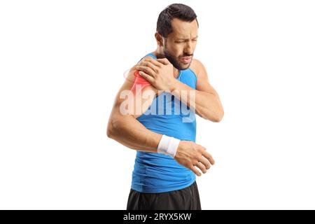 A sore shoulder joint muscle in a white man on a white background back ...