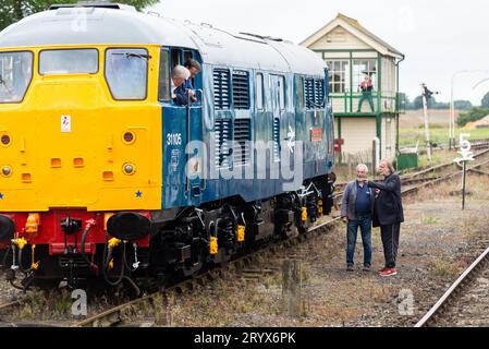 Rick Wakeman at Mangapps Railway Museum near Burnham on Crouch, Essex, UK. Stock Photo