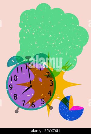 Risograph alarm clock wirh speech bubble and geometric shapes. Waking up early morning concept with objects in trendy riso graph design, print texture Stock Vector