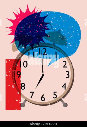 Risograph alarm clock wirh speech bubble and geometric shapes. Waking up early morning concept with objects in trendy riso graph design, print texture Stock Vector