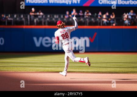 Philadelphia Phillies' Alec Bohm hits a two run home run during the seventh  inning of a baseball game against the Washington Nationals, Sunday, Sept.  11, 2022, in Philadelphia. (AP Photo/Laurence Kesterson Stock