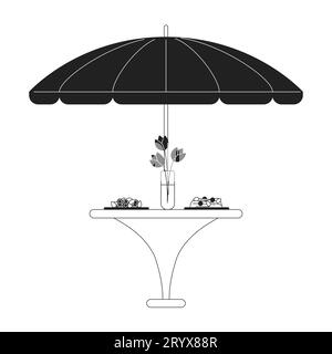 Umbrella patio dining table dinner served black and white 2D cartoon object Stock Vector