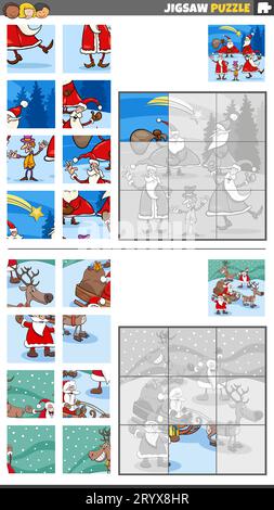 Cartoon illustration of educational jigsaw puzzle games set with Santa Clauses on Christmas time Stock Vector