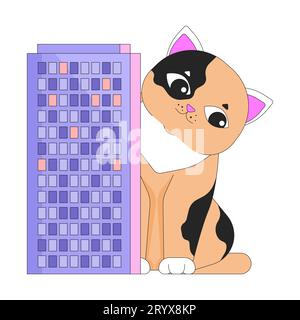 Cute gigantic cat peeking out from behind building 2D linear cartoon character Stock Vector