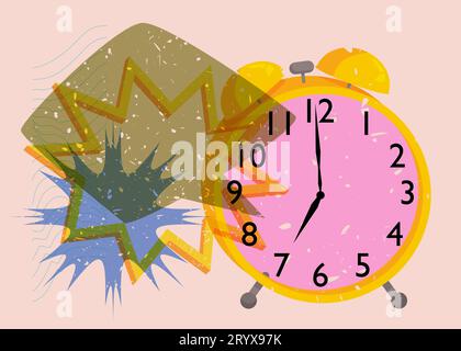 Risograph alarm clock wirh speech bubble and geometric shapes. Waking up early morning concept with objects in trendy riso graph design, print texture Stock Vector