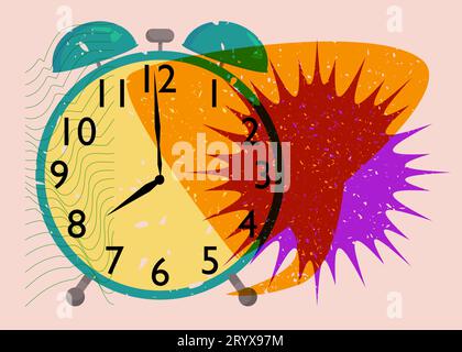 Risograph alarm clock wirh speech bubble and geometric shapes. Waking up early morning concept with objects in trendy riso graph design, print texture Stock Vector