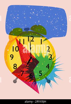 Risograph alarm clock wirh speech bubble and geometric shapes. Waking up early morning concept with objects in trendy riso graph design, print texture Stock Vector
