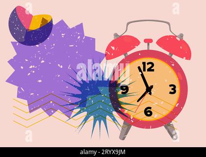 Risograph alarm clock wirh speech bubble and geometric shapes. Waking up early morning concept with objects in trendy riso graph design, print texture Stock Vector