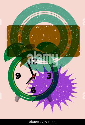 Risograph alarm clock wirh speech bubble and geometric shapes. Waking up early morning concept with objects in trendy riso graph design, print texture Stock Vector