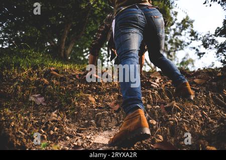 Adventure man hiking with backpack, Travel Lifestyle success concept. Stock Photo