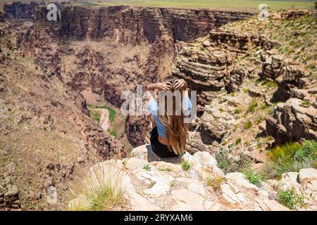 Back view of girl on a steep cliff taking in the amazing view over famous Grand Canyon on a beautiful sunny day, Grand Canyon Na Stock Photo