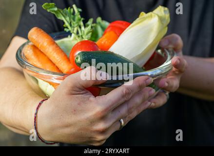 woman holding bowls with various vegetables after harvesting in the garden Stock Photo