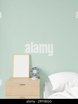 Close up pastel green minimal japanese modern bedroom with sideboard and fan Stock Photo