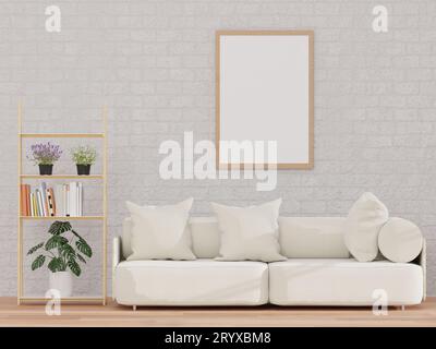 Loft style living room and brick wall ,mock up frame  and copy space- 3d rendering - Stock Photo