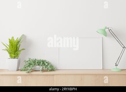 Home interior poster mock up with frame on the cabinet and white wall background. 3D rendering. Stock Photo