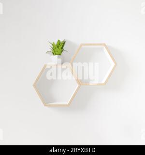 Hexagon shelf with little tree copy space Stock Photo